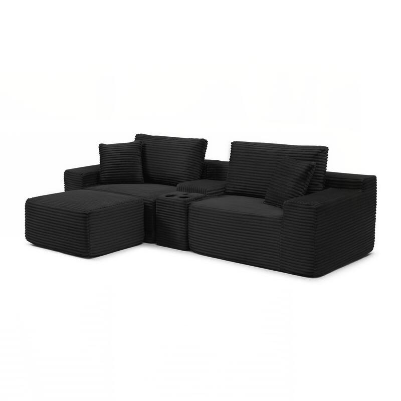 Modular Sectional Sofa, Deep Seat Corduroy Cloud Couch with Cup Holders, USB Ports & Storage Box