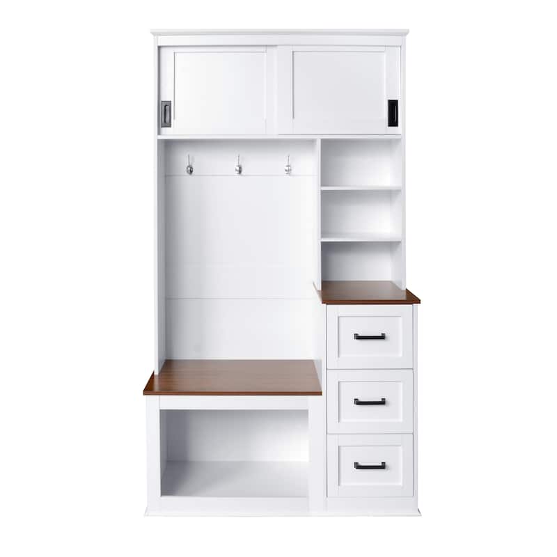 40.2" Wide Hall Tree with Storage Bench for Hallway, Entryway Bench with Coat Rack, 3 Shelves and Drawers, 3 Sturdy Hooks