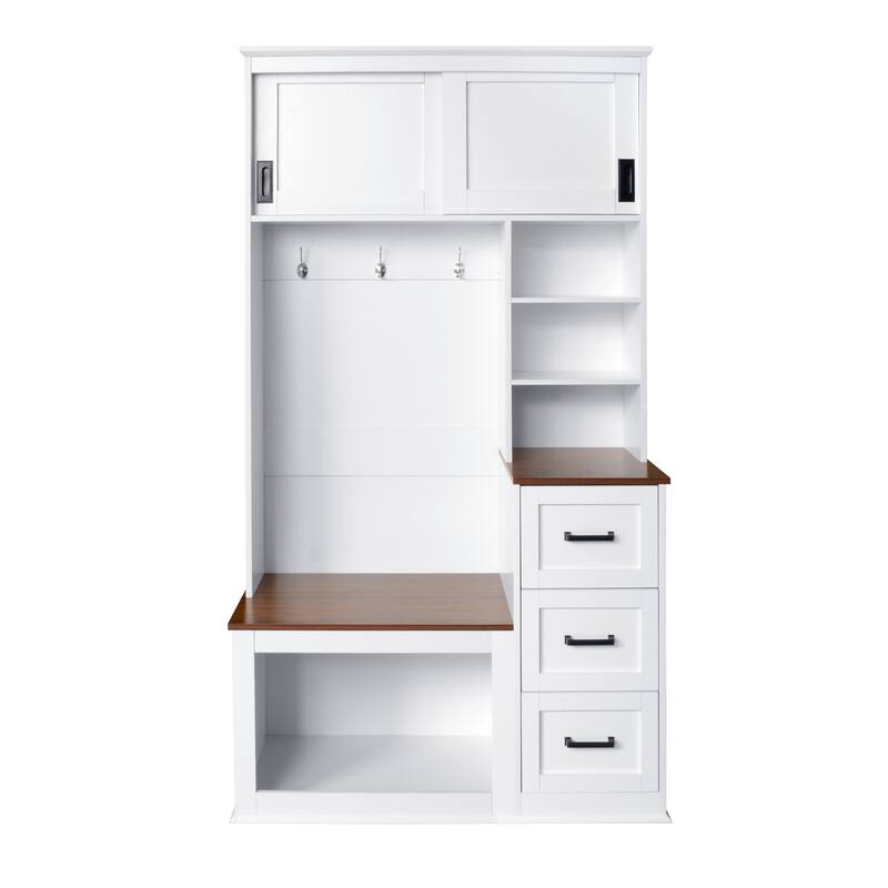 Modern Entryway Bench with Coat Rack, 3 Shelves, Drawers, 3 Hooks, and Storage