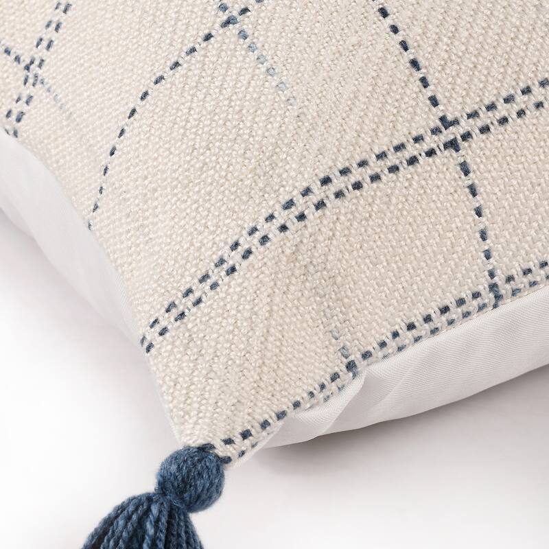 Sevita Hand-Woven Medium Ivory/Blue Geometric Polyester Indoor/Outdoor Throw Pillow