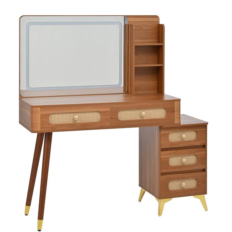 47"Makeup Vanity with Mirror and Lights, Vanity Desk with 5 Drawers and Storage Shelf, 3 Color Modes and Adjustable Brightness