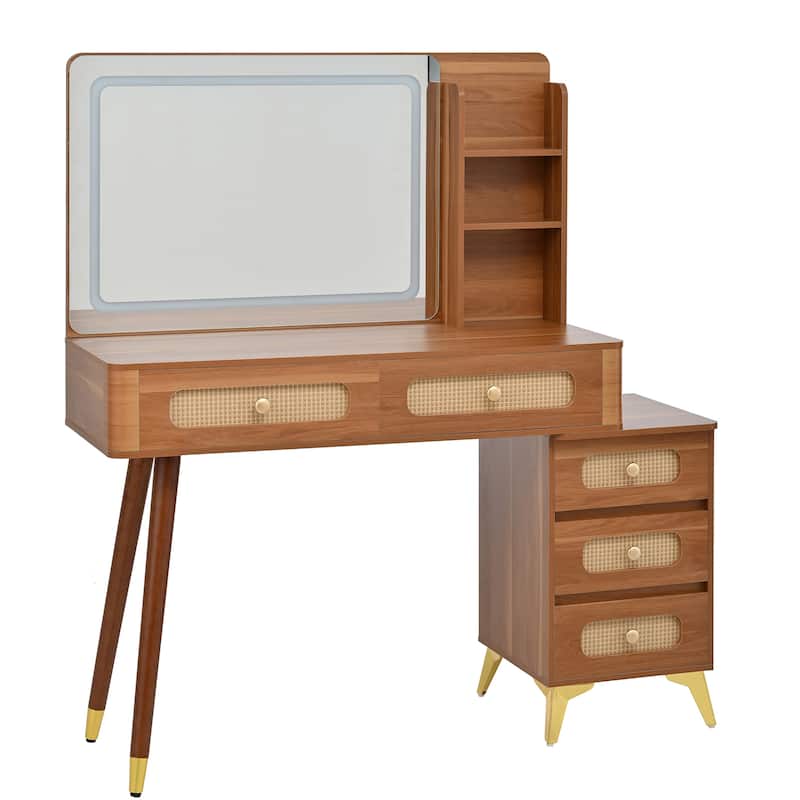 Retro Rattan Makeup Vanity Desk with 5 Drawers and Storage Shelf, Dressing Table with Rectangular Mirror and Touch Light