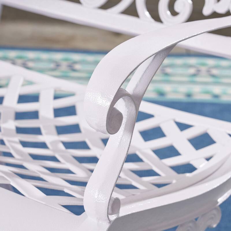 Roomfitters Outdoor Aluminum Dining Set with Lattice-Pattern Round Table and Four Armchairs for Stylish Patio Dining