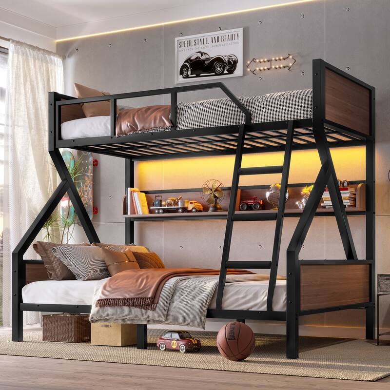 Twin over Full Bunk Bed, Metal Bunk Bed with Storage Shelves and Lights, Space-saving & Noise-free Design, Black