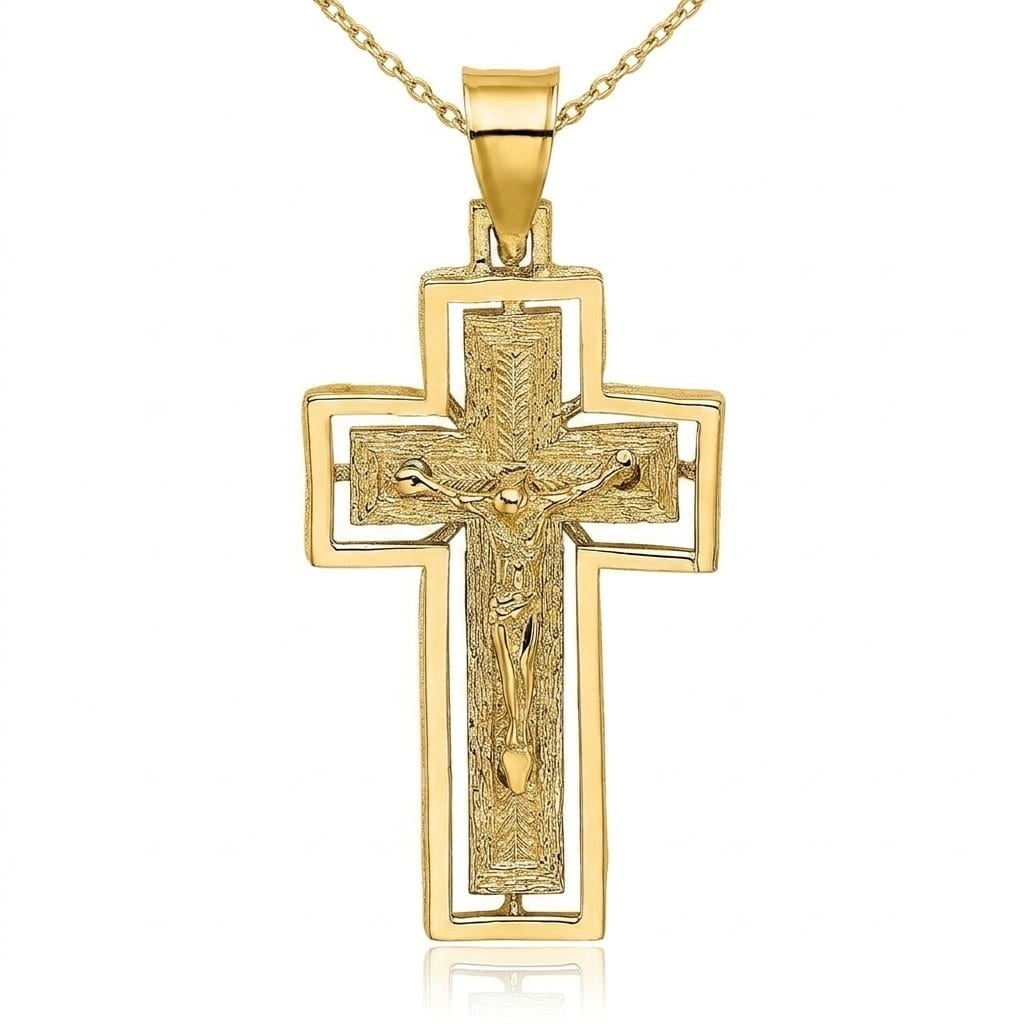 Curata 14k Solid Gold 18" 32x15mm Textured Crucifix Framed Cross Necklace