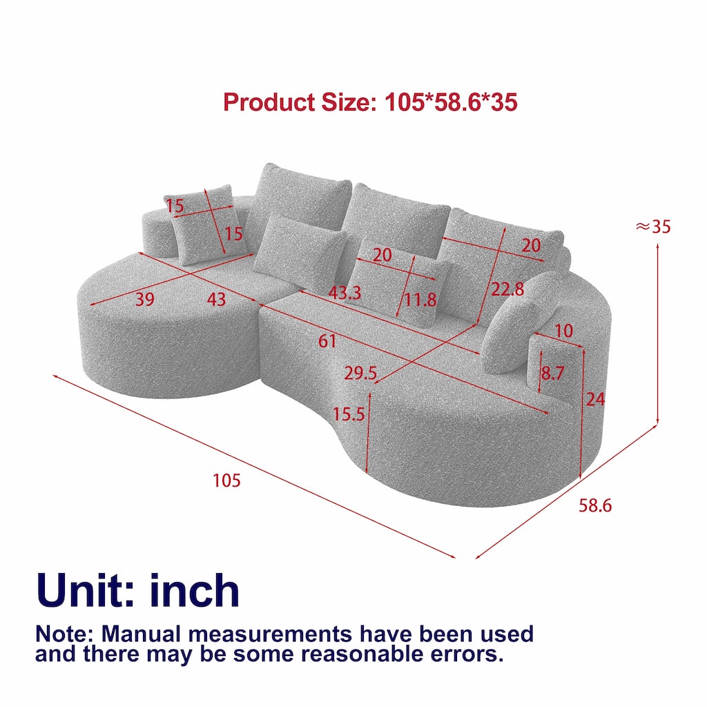 L-Shaped Curved Cloud Sectional Couch, Oversized Chenille Upholstered 4-Seater Sofa, Full Compressed Corner Sofa with 7 Pillows