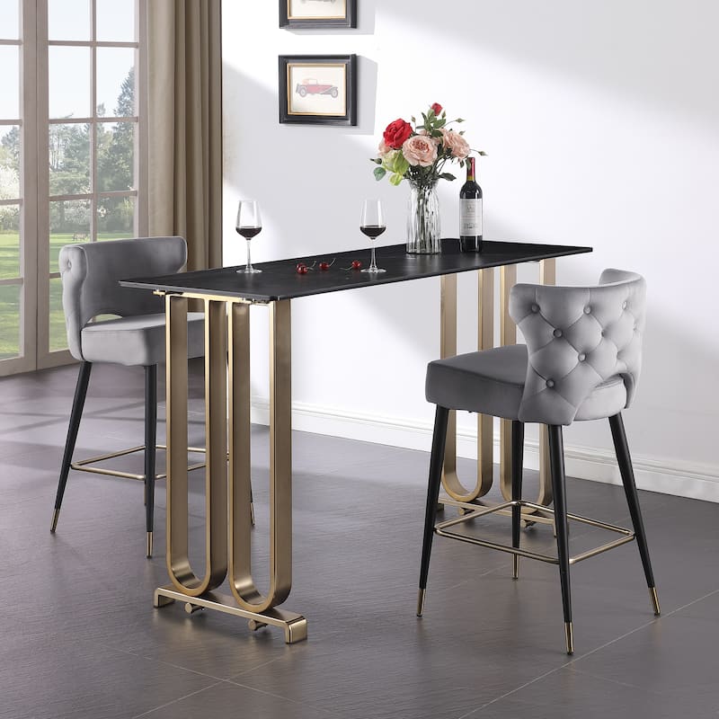 Contemporary Velvet Upholstered Counter Height Stool with Gold Tipped, Black Metal Legs, 22" W x 19" D x 38.5" H