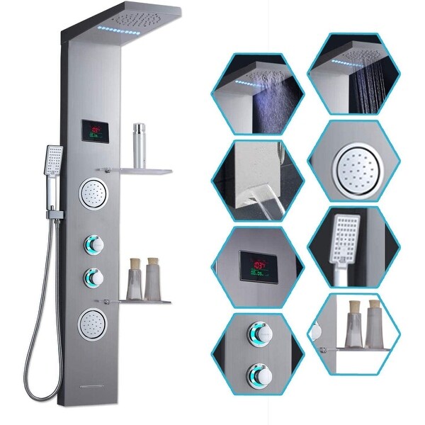 55 in. LED Shower Panel System with Shelf in Brushed Nickel