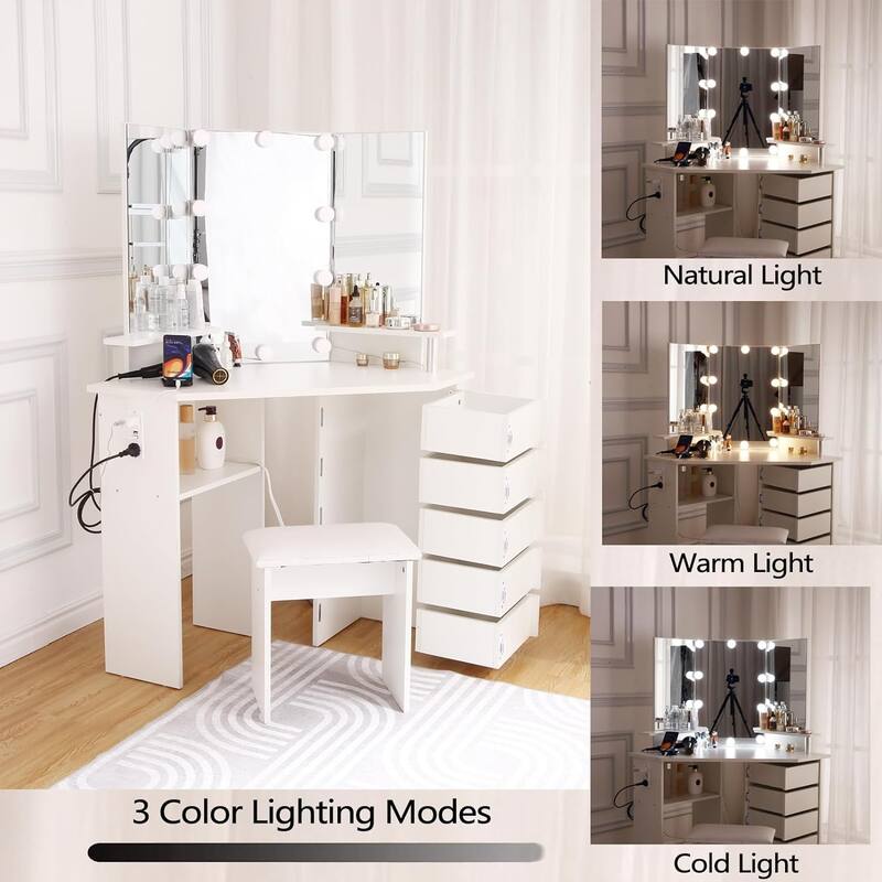 Makeup Vanity Desk with Lights & Power Outlet, Corner Vanity Table with 5 Rotating Drawers