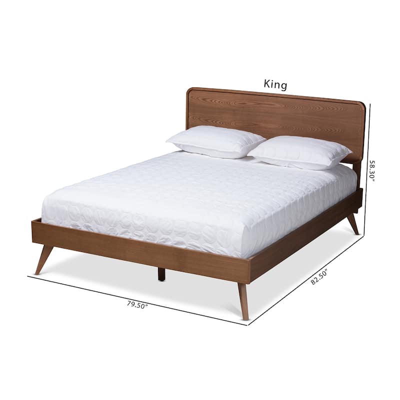 Mid-Century Modern Walnut Brown Wood Queen Platform Bed with Clean Lines for Stylish Bedrooms