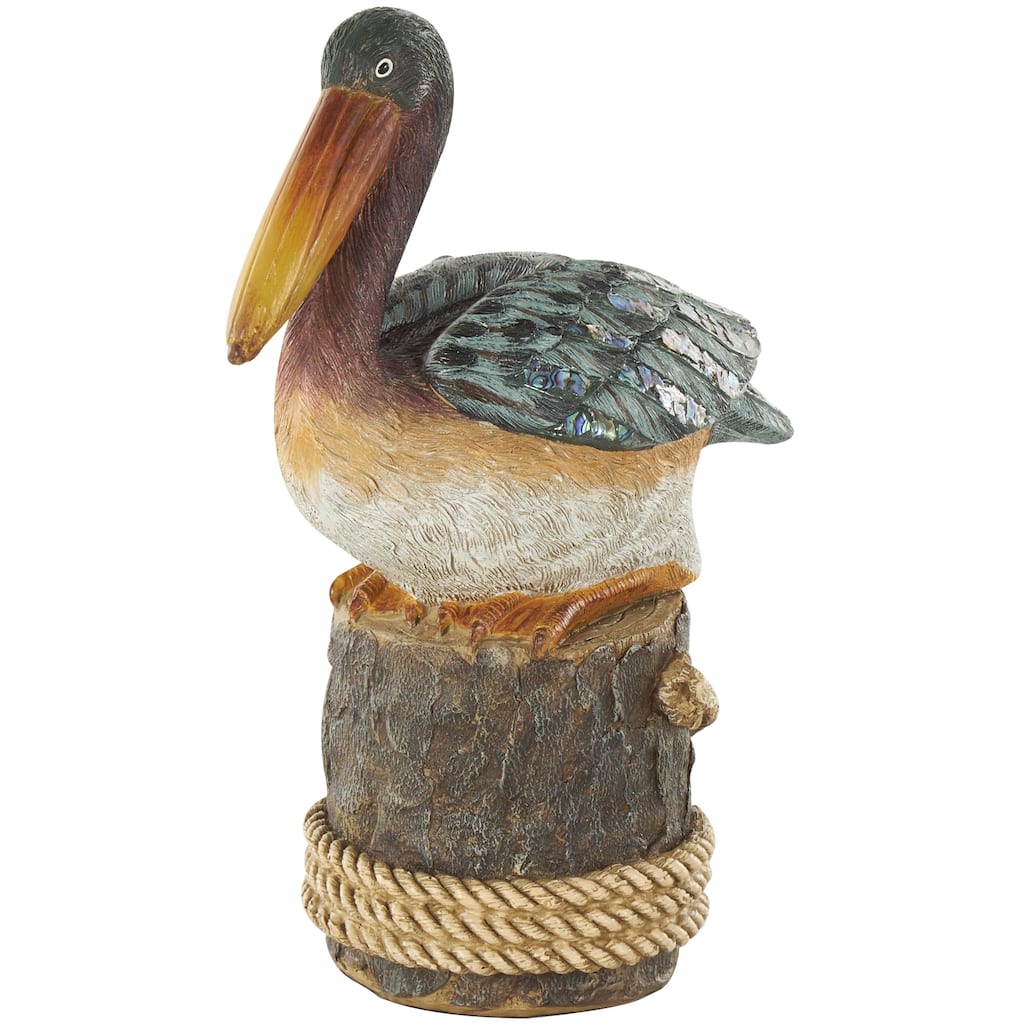 Teal Resin Textured Sitting Pelican Decorative Sculpture with Brown Block and Shiny Accents - 10"W x 6"L x 12"H