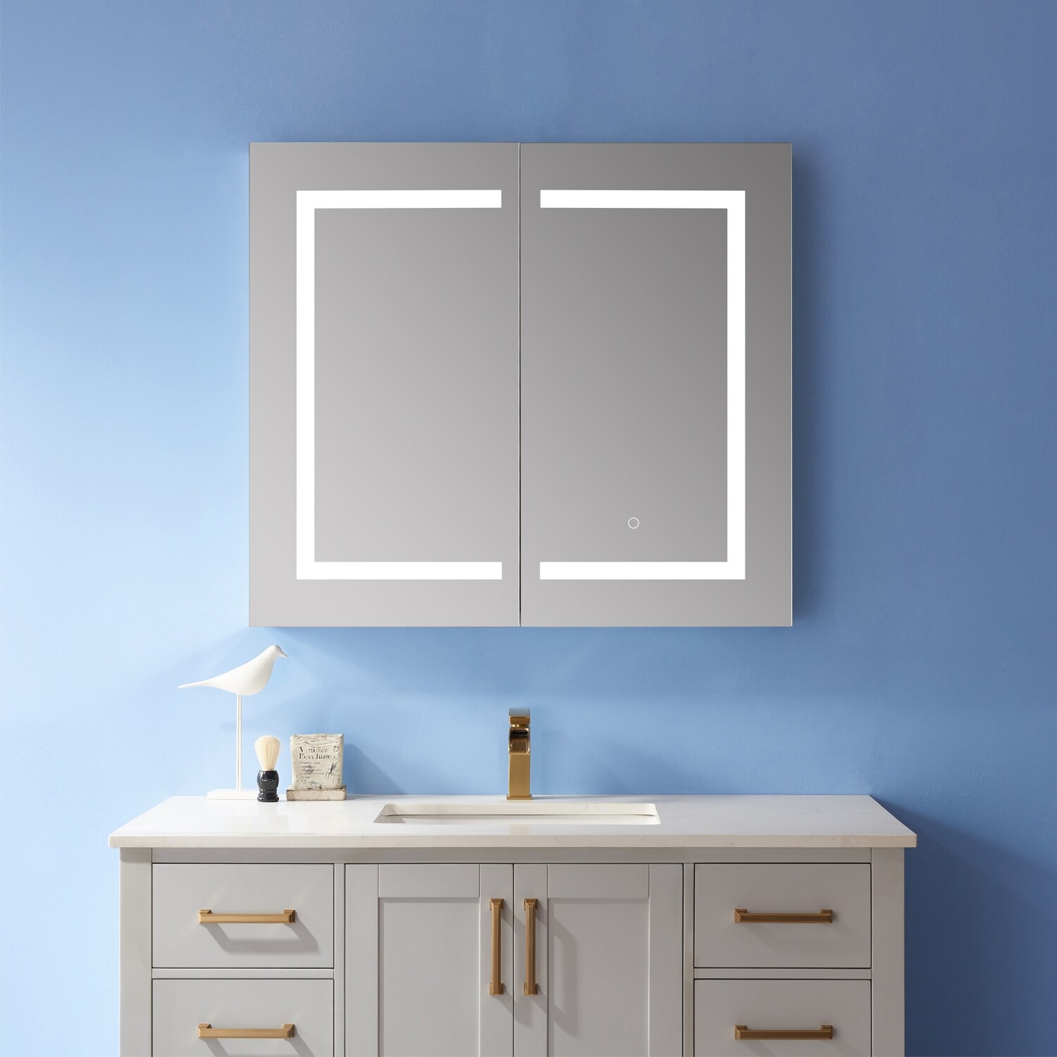 Sassari 36 in. W x 32 in. L Rectangular Surface-Mount LED Glass Surface Mount Medicine Cabinet with Mirror in Silver Sassari 36 in. W x 32 in. L Rectangular Surface-Mount LED Glass Surface Mount Medicine Cabinet with Mirror in Silver