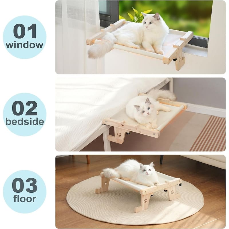 Cat Window Perch for Cats, Adjustable 2-in-1 Hammock Bed, Sturdy Wood Frame, Easy Installation