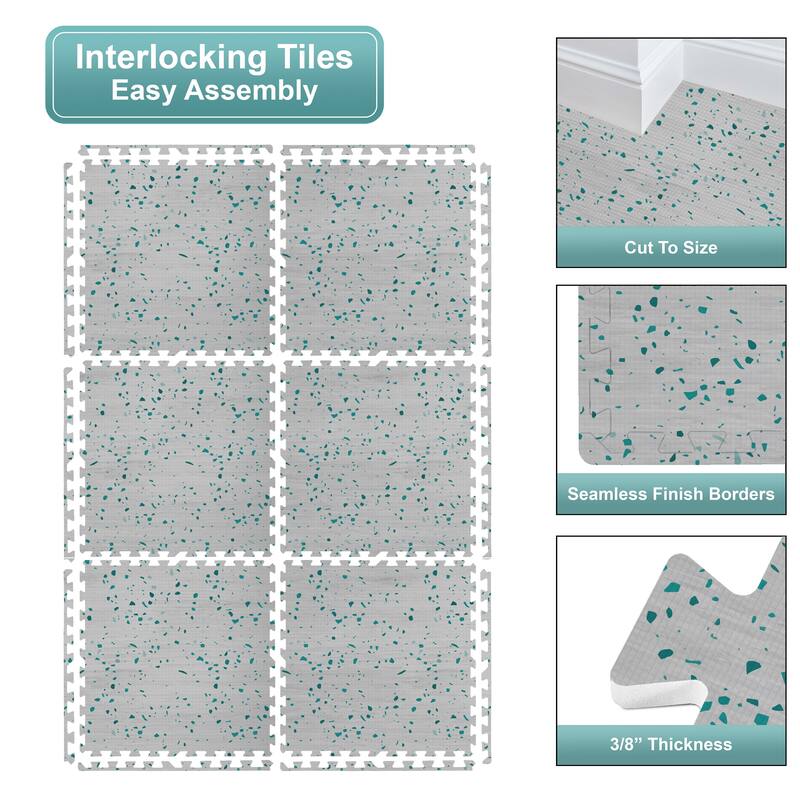 Interlocking Floor Mat - Gray Wood Print, 12 Pieces and Borders