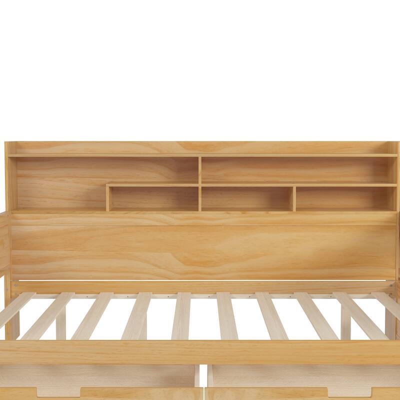 Full Size Wooden Daybed Platform Bed with Recessed Desk Storage Shelves and 2 Drawers Under Bed for Compact Spaces, Bedroom