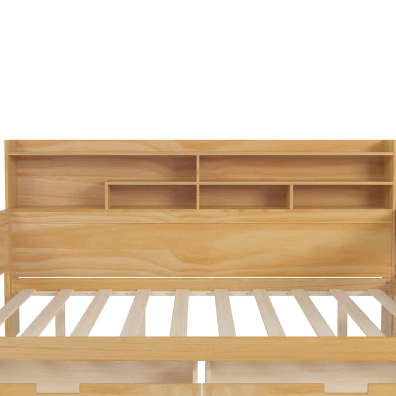 Wooden Full Size Daybed with Storage Shelves, Multi-functional Bed with Two Storage Drawers and Study Desk