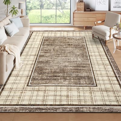 Modern Bordered Rug Farmhouse Plaid Area Rugs for Living Room Bedroom, Indoor Accent Carpet Home Decor