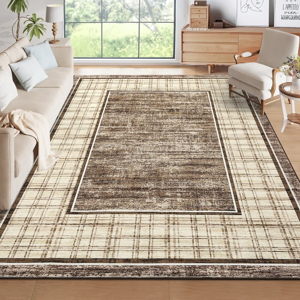 Modern Bordered Rug Farmhouse Plaid Area Rugs for Living Room Bedroom, Indoor Accent Carpet Home Decor