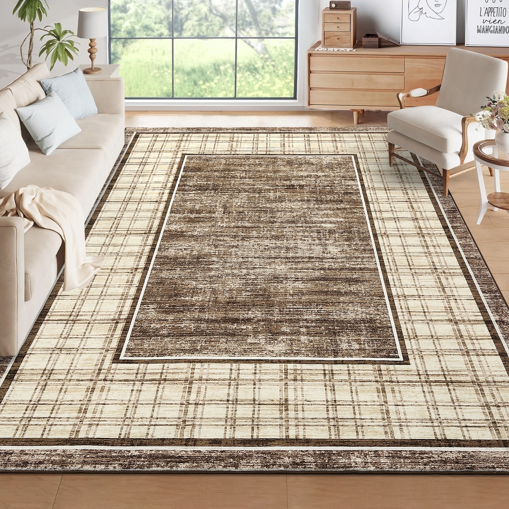 Garvee Farmhouse Plaid Border Area Rug - Overstock - 43014014