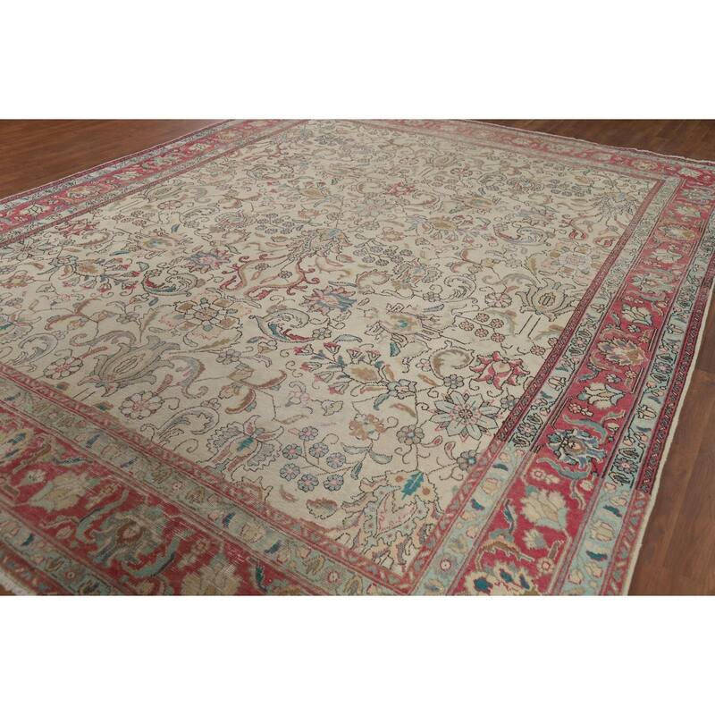 All-Over Distressed Tabriz Vintage Persian Rug Handmade Wool Carpet - 9'5" x 12'5"