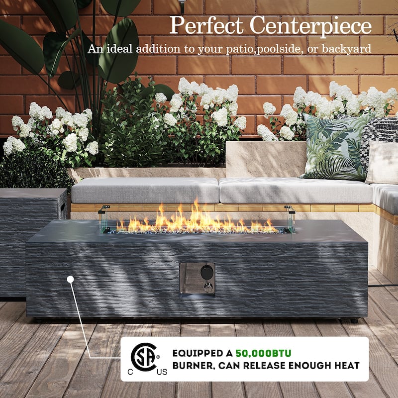 Patio Watcher 56in. Outdoor Rectangle Magnesium Oxide Fire Pit Table with Gas Tank Cover and Wind Guard
