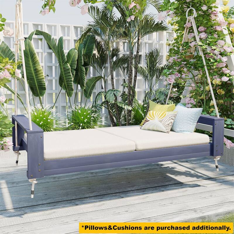 Swing Bed Seating Group, Patio Acacia Wood Swing Frame with Hemp Ropes for Garden, Backyard(Cushions and pillows not included)