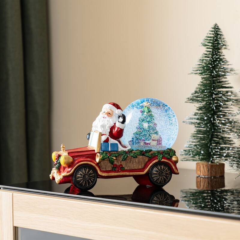 Glitzhome 100mm Christmas Resin Lighted Musical Snowflakes Santa Car Waterglobe