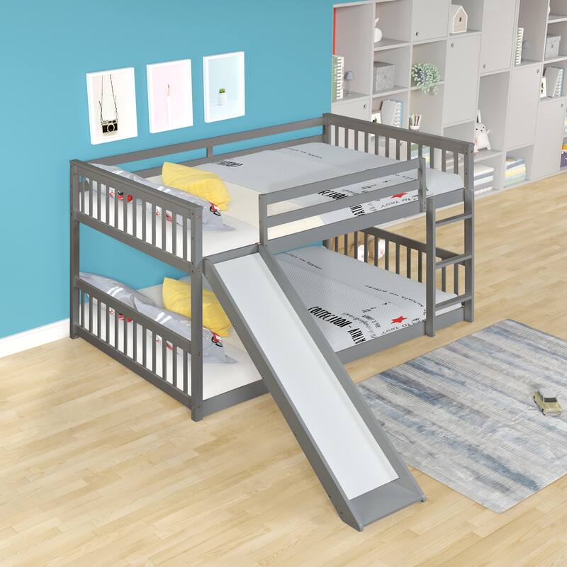 Grey Full Over Full Bunk Bed with Slide and Ladder, Solid Pine Wood Frame, No Box Spring Needed