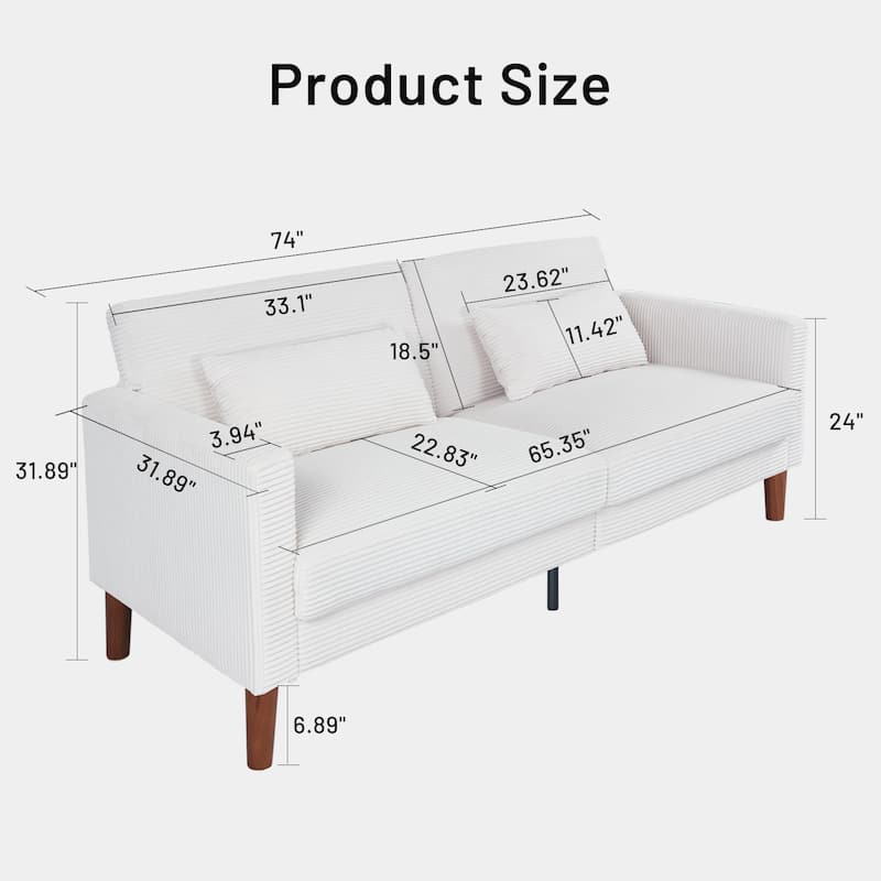 74 INCH Corduroy Sofa, Comfy Sofa Couch Extra Deep Seats, Corduroy Couch Mid-Century Modern Couch 3 Seater Sofa Loveseat
