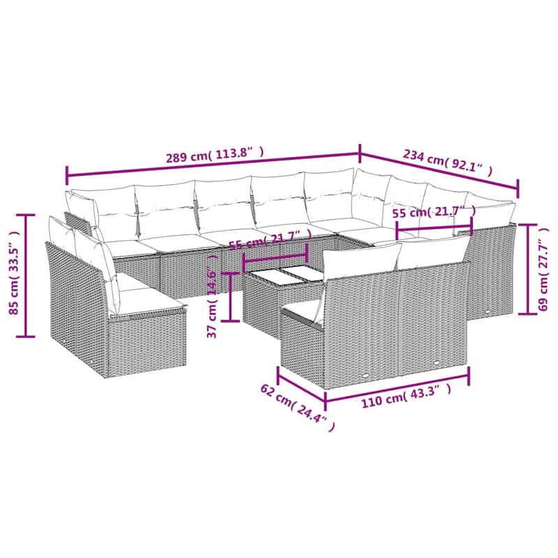 vidaXL Patio Sofa Set with Cushions Outdoor Conversation Furniture Poly Rattan - 21.7" x 24.4" x 27.2"