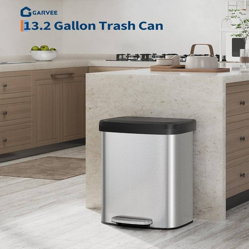 13 Gallon/50 Liter Metal Large Trash Can with Lid, Suitable for Kitchen, Office, Bedroom Trash Can