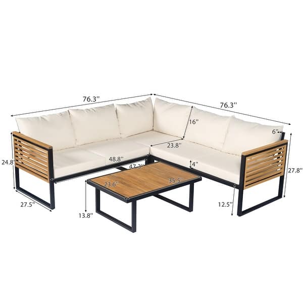Industrial Acacia Wood & Iron 4-Piece Outdoor Sectional Sofa Set with Table