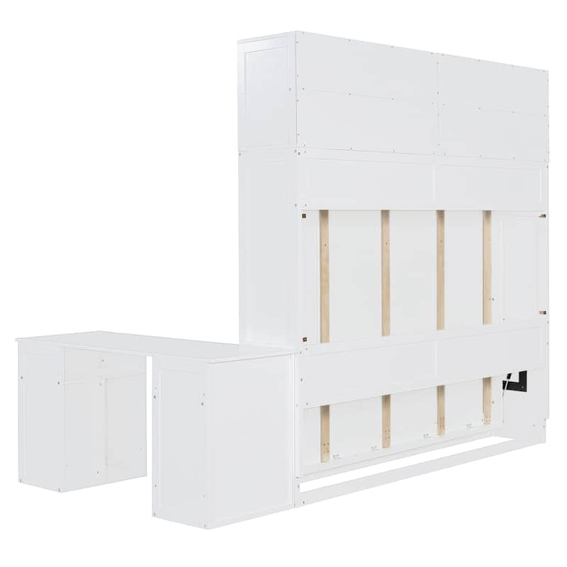 Queen Size Murphy Bed with Storage Shelves and 2 Storage Cabinets, Wooden Foldable Wall Bed Frame with Desk & Hydraulic Lift