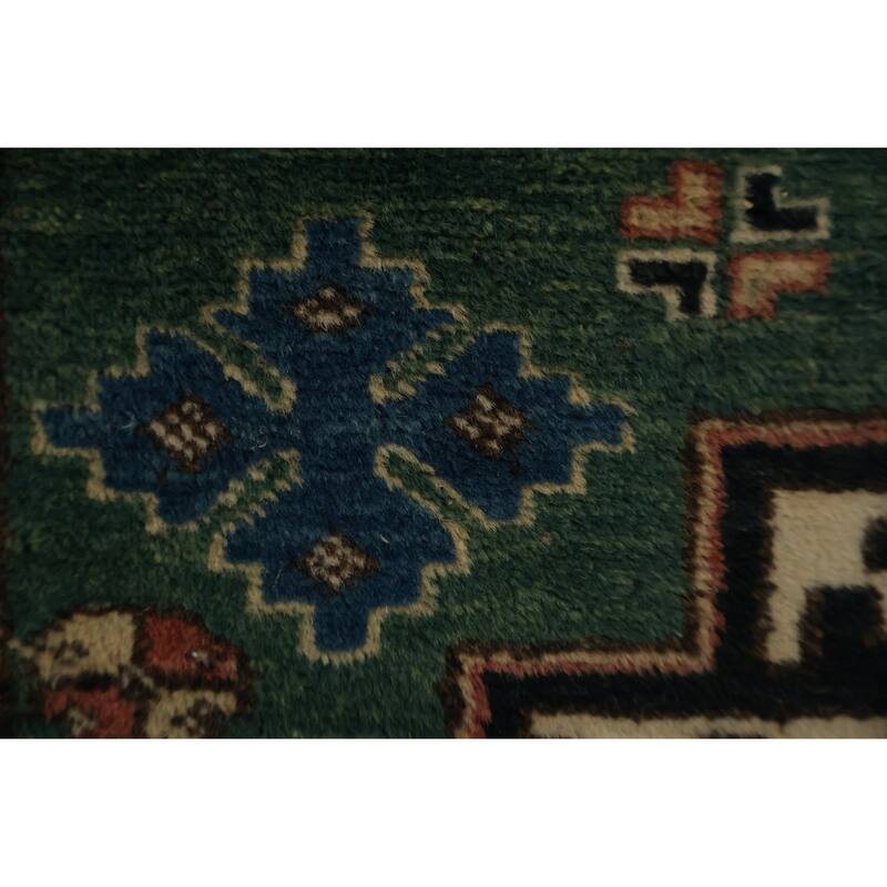Hand Knotted Oriental 100% Wool Carpet Traditional Geometric Green Super Kazak Runner Rug - 9' 8'' X 2' 9''