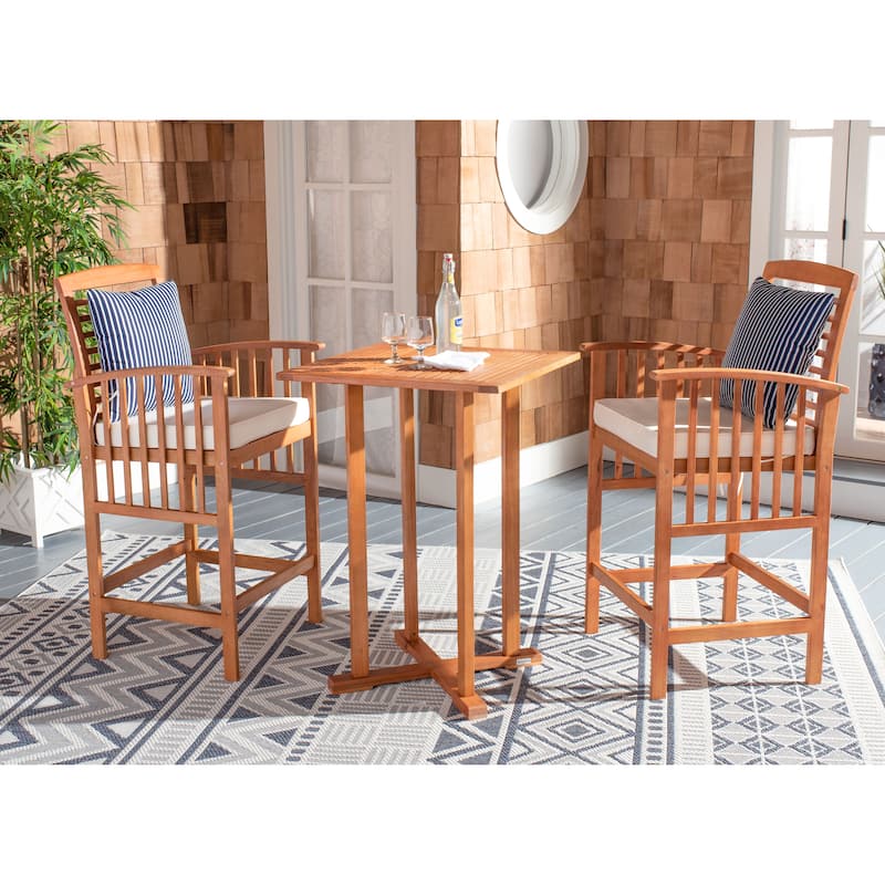 SAFAVIEH Outdoor Sheyla 3-Piece Bar Height Bistro Set - 28Wx28Dx40H - Natural/Beige/Navy