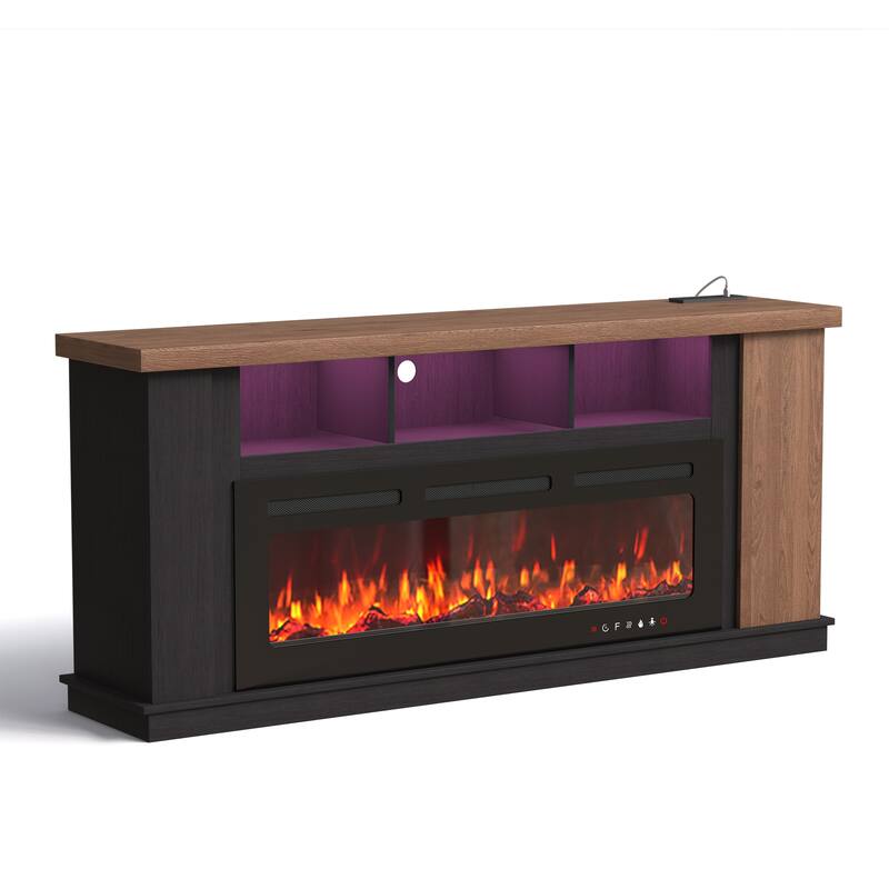 Traditional 70" TV Stand with 50" Electric Fireplace, Light Strips, Sockets, Open Shelves, and Cabinets for TVs up to 80"