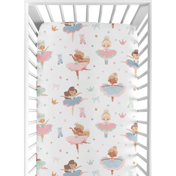 slide 2 of 6, Sweet Jojo Designs Ballerina and Bows Girl Fitted Crib Sheet Ballet Shoes Dancer Hearts Sparkles Princess Tutu Pink Blue Green
