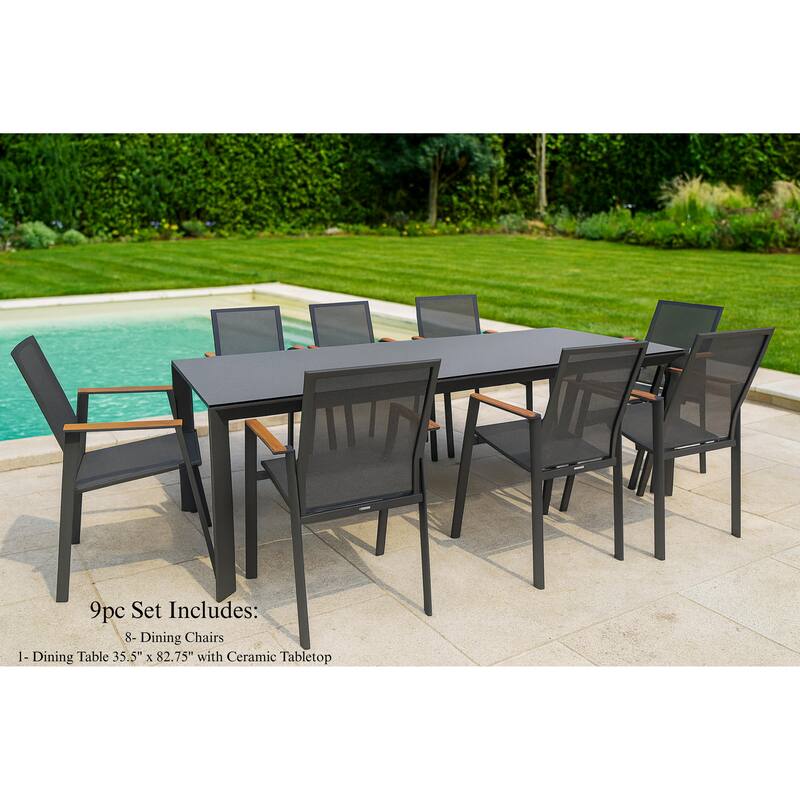 Bernini Dark Grey 9-Piece Aluminum Outdoor Dining Set with Sling Set in Smoke Grey - N/A
