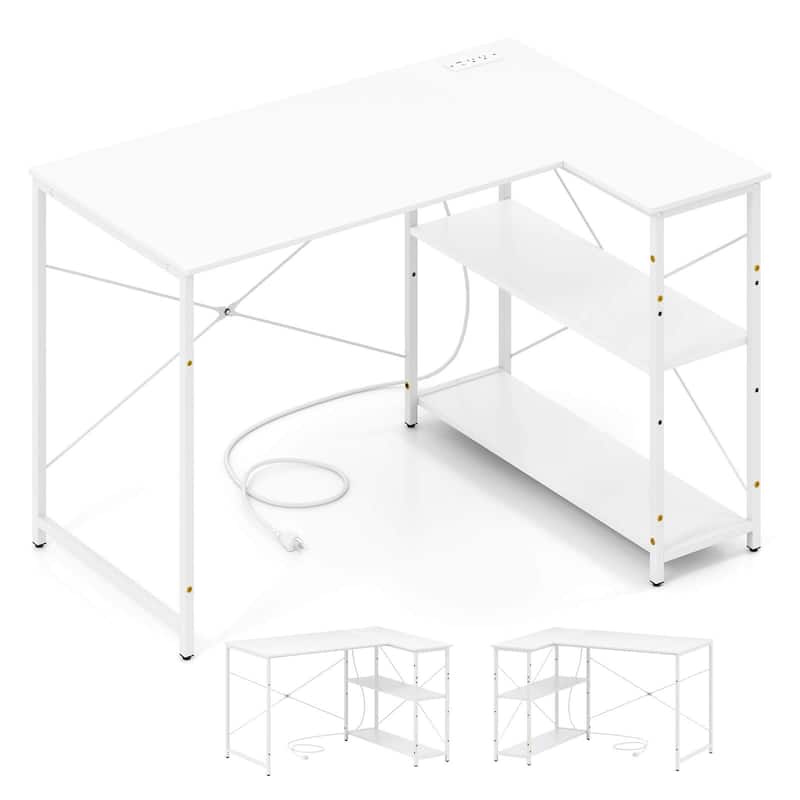 Costway L-Shaped Computer Desk with Power Outlets Adjustable shelf