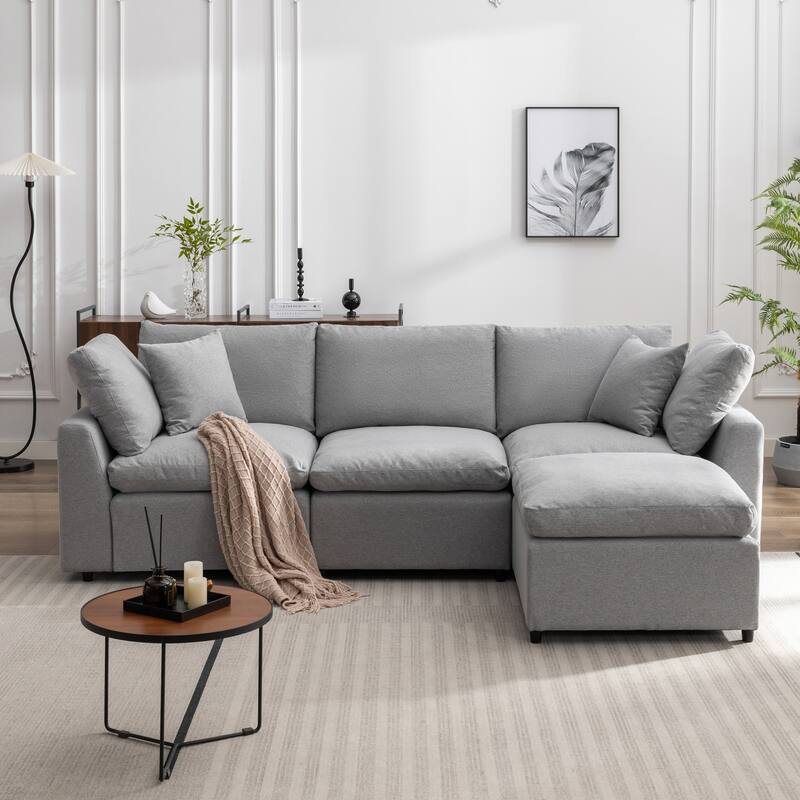 Down Filled Convertible Sectional Sofa, L Shaped Couch with Reversible Chaise, Light Gray Polyester