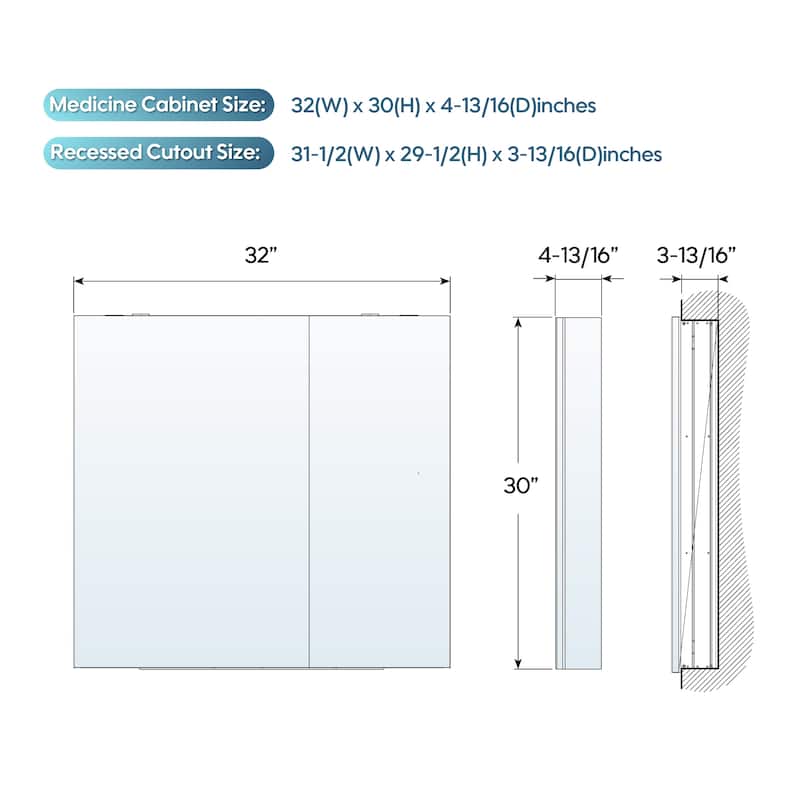 32"W X 30'H Recessed or Surface Wall Mount Bathroom Medicine Cabinet With Adjustable Glass Shelves