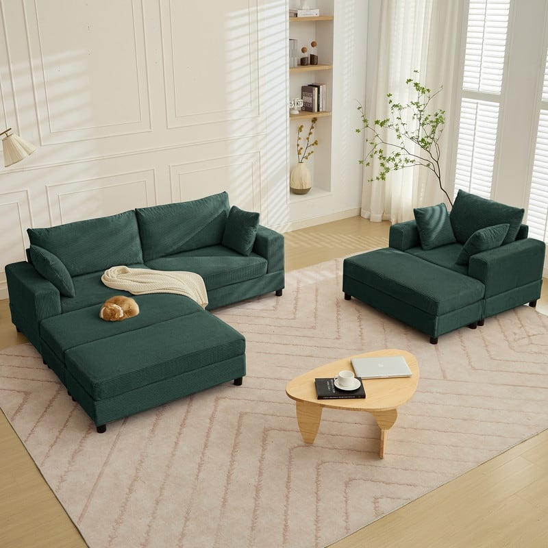 Mixoy Extra-Large Corduroy Upholstered Modular Sectional Sofa Set,Deep Seat Sleeper Chair with Ottoman - 2+1