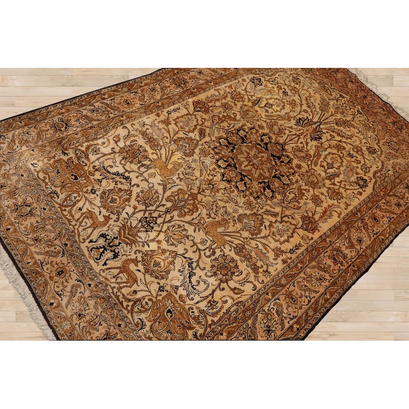 Hand Knotted Tan,Brown Persian 100% Silk Pictorial Oriental Area Rug - 4' 6'' x 7' 1''