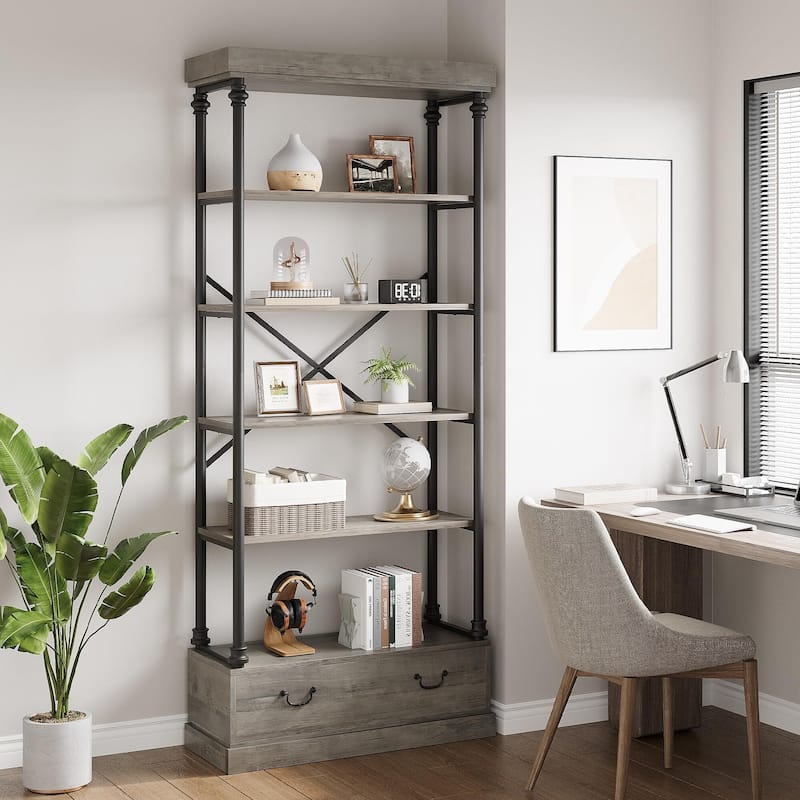 Bookshelf with Drawers,81.29" Tall, 5 - Tier Vintage Bookcase, Metal - Frame Shelf