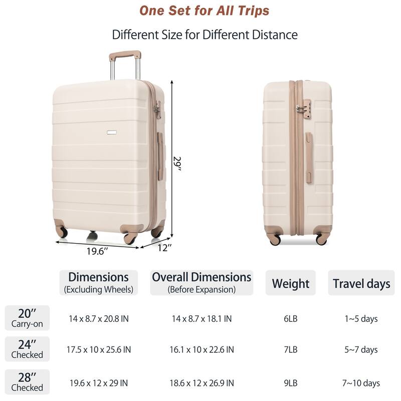 Luggage Sets 4 Piece, Expandable ABS Durable Suitcase with Travel Bag, Carry On Luggage Suitcase Set with 360° Spinner Wheels - Ivory