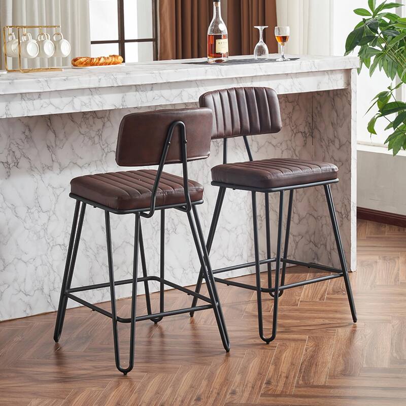 Industrial Bar Stools Set of 2, Counter Height Chairs with PU Leather Upholstery & Metal Frame
