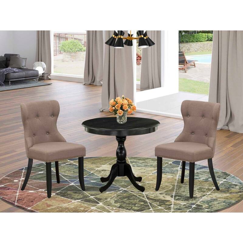 HomeStock 3-Piece Wire Brushed Black Solid Wood Top - Button Tufted Dining Room Set - Seats 4