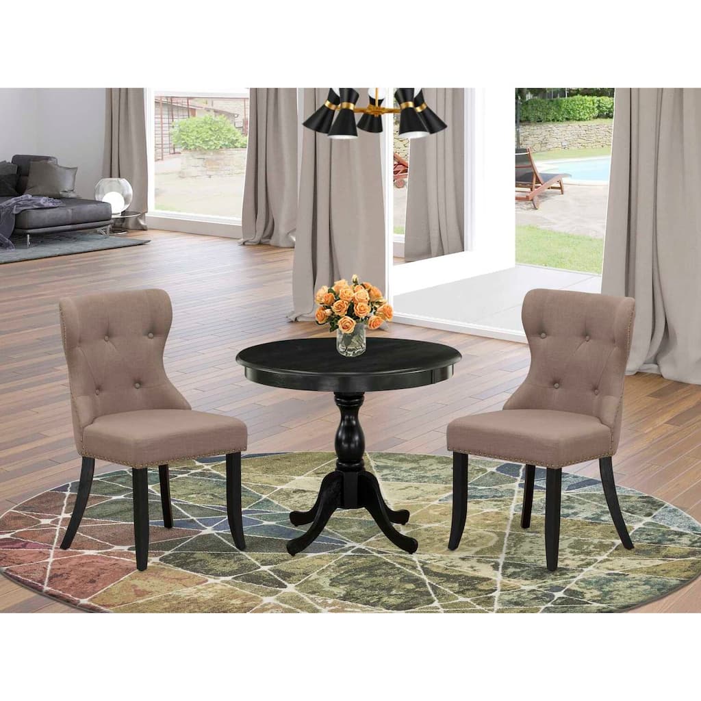 HomeStock 3-Piece Wire Brushed Black Solid Wood Top - Button Tufted Dining Room Set - Seats 4