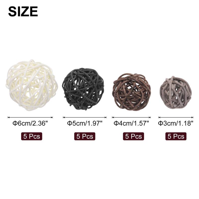 20 Pcs Vase Filler Decorative Balls, 2.4/2/1.6/1.2" Wicker Rattan Decor, Balls Bowl Fillers - White/Black/Coffee/Gray