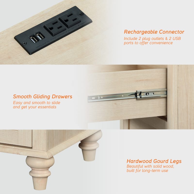 Nightstand with Charging Station, 2-Drawer End Table for Bedroom